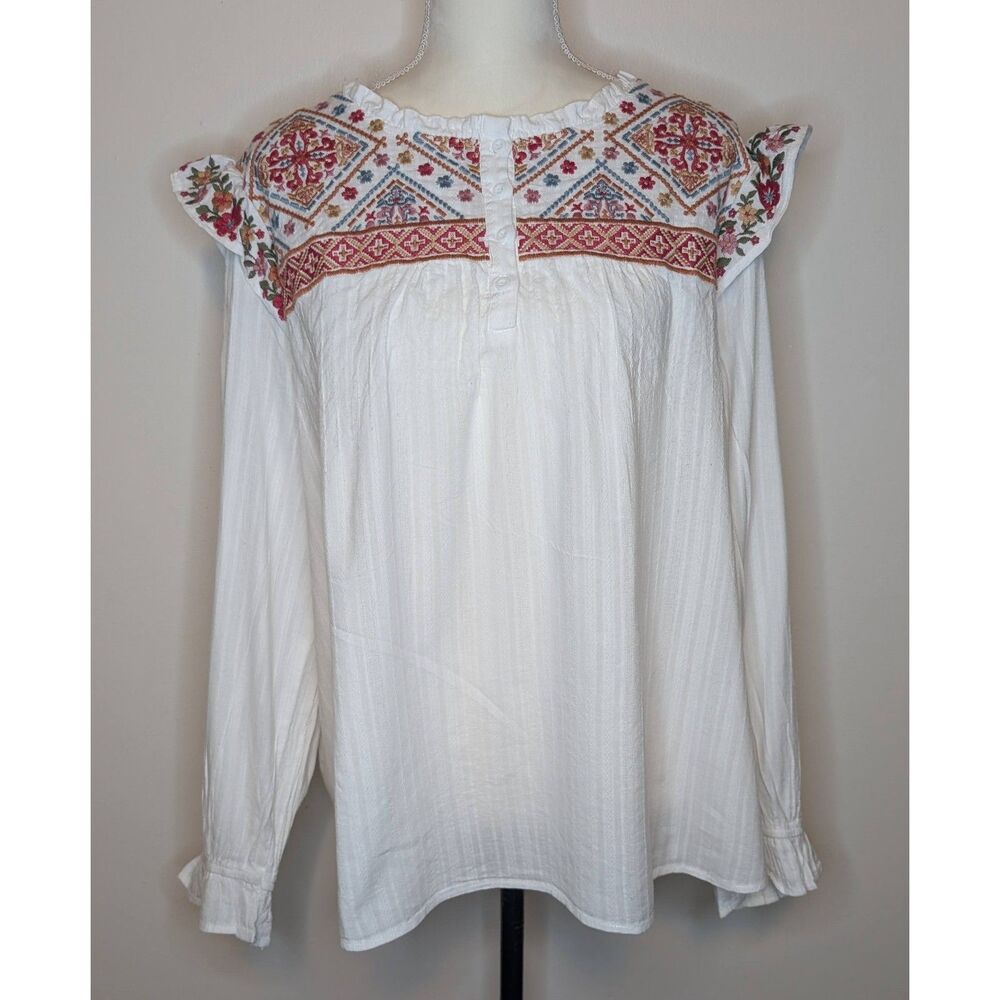 Savanna Jane 2X White Embroidered Boho Top Ruffle Shoulder Long Sleeve Blouse